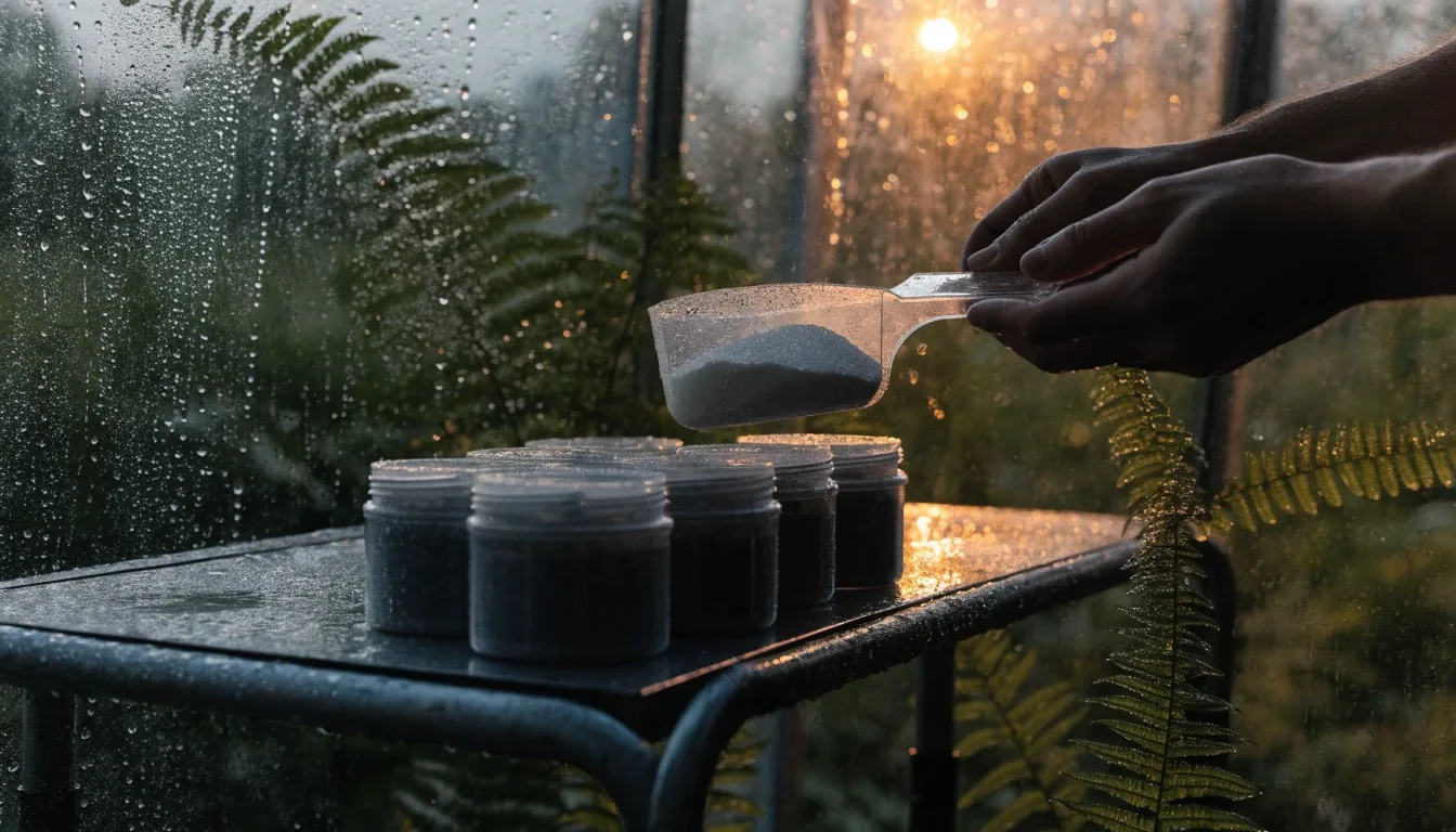 Invernadero de Puebla de noche: muro de paneles con especímenes botánicos prensados tras vidrio con lluvia, luz ámbar desde la izquierda