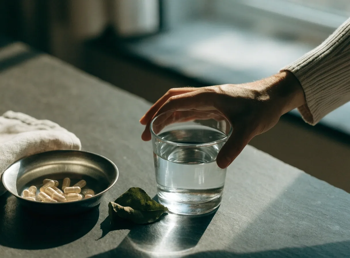 Cápsulas minerales y vitaminas claras ordenadas sobre una bandeja mate gris zinc junto a una hoja verde seca