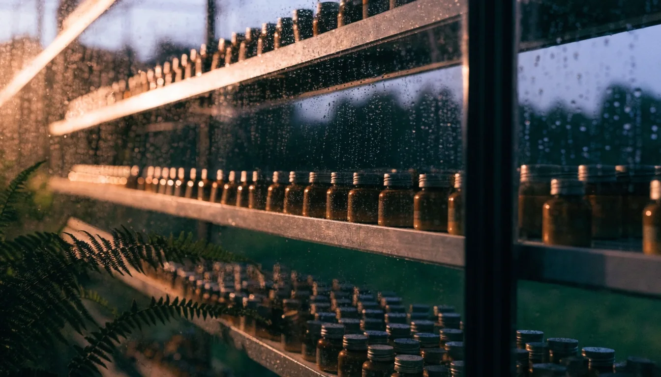 Estantería de vidrio en un invernadero de Puebla al atardecer, con frascos sin etiqueta detrás del cristal mojado por la lluvia y una luz ámbar entrando desde la izquierda
